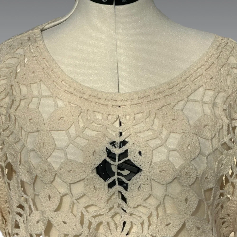 Ivory Crochet Floral Bell Sleeve Sweater XL | Boho Cottage Festival 70s Retro - Picture 4 of 7